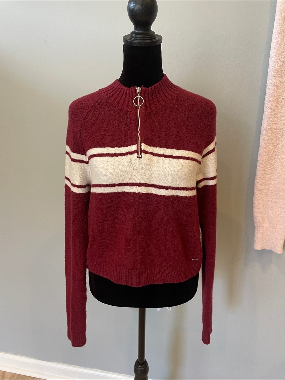 Hollister burgundy and white half zip sweater